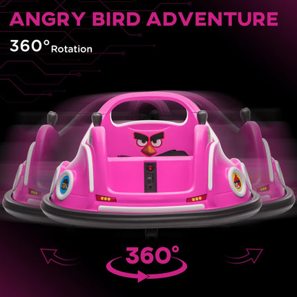 Angry Bird Licensed 12V Kids Waltzer Bumper Car with Joysticks, Remote, Music & LED Lights - Pink