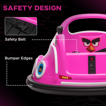 Angry Bird Licensed 12V Kids Waltzer Bumper Car with Joysticks, Remote, Music & LED Lights - Pink