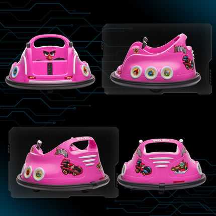 Angry Bird Licensed 12V Kids Waltzer Bumper Car with Joysticks, Remote, Music & LED Lights - Pink