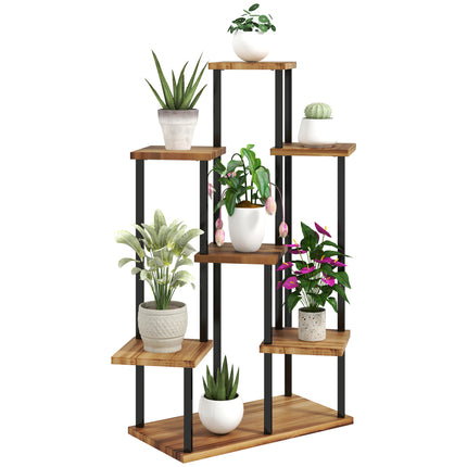7 Tier Steel and Wood Plant Stand with Carbonised Finish - Black
