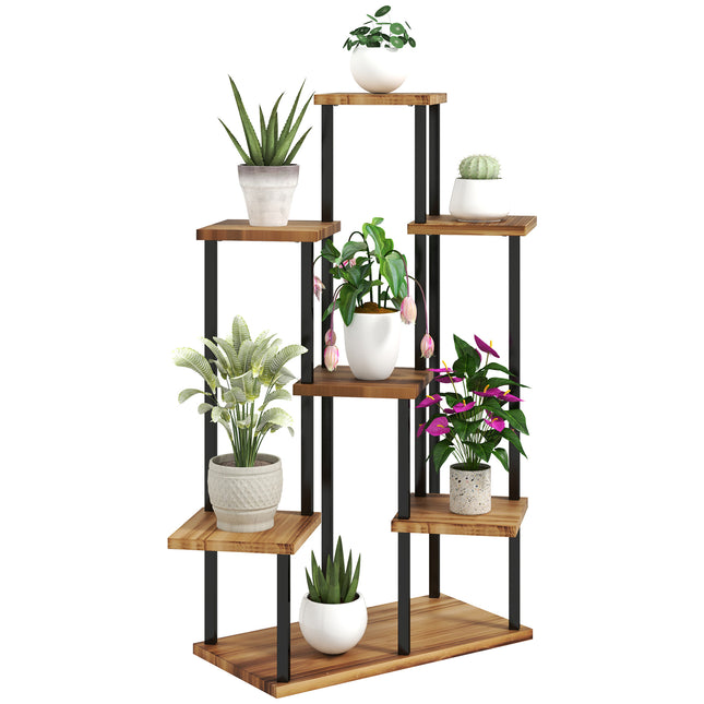7 Tier Steel and Wood Plant Stand with Carbonised Finish - Black