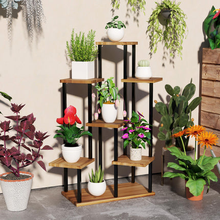 7 Tier Steel and Wood Plant Stand with Carbonised Finish - Black