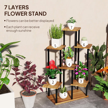 7 Tier Steel and Wood Plant Stand with Carbonised Finish - Black