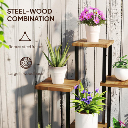 7 Tier Steel and Wood Plant Stand with Carbonised Finish - Black