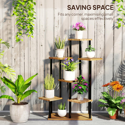 7 Tier Steel and Wood Plant Stand with Carbonised Finish - Black