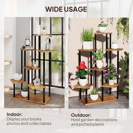 7 Tier Steel and Wood Plant Stand with Carbonised Finish - Black