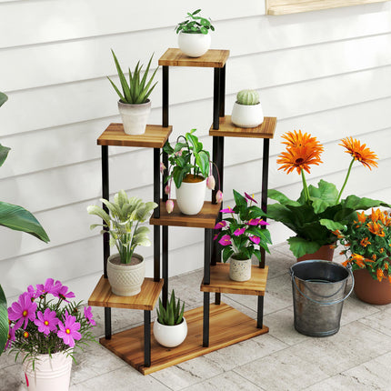 7 Tier Steel and Wood Plant Stand with Carbonised Finish - Black