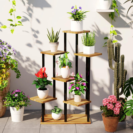 7 Tier Steel and Wood Plant Stand with Carbonised Finish - Black