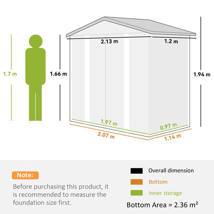 7 x 4ft Garden Shed, Easy to Assemble, Upgraded Galvanised Steel Frame with Foundation Kit, Double Doors with Lock, Outdoor Metal Shed with Vents and Gloves, Garden Storage Shed, Light Grey