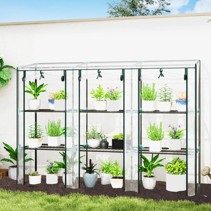 3 Tier Plastic Greenhouse with Roll-Up Doors and Shelves - Green