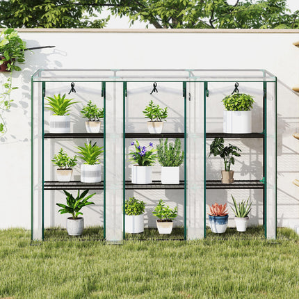 3 Tier Plastic Greenhouse with Roll-Up Doors and Shelves - Green