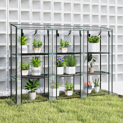 3 Tier Plastic Greenhouse with Roll-Up Doors and Shelves - Green