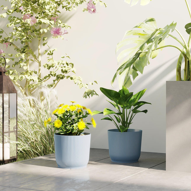 Set of 2 Durable Plastic Planters with Indented Texture 22cm - Blue