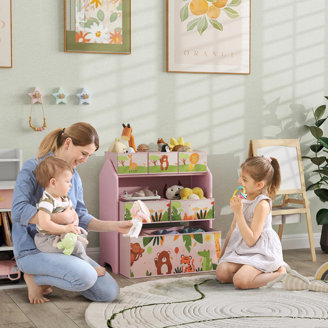 3 Tier Kids Toy Storage Unit with 6 Removable Boxes - Pink