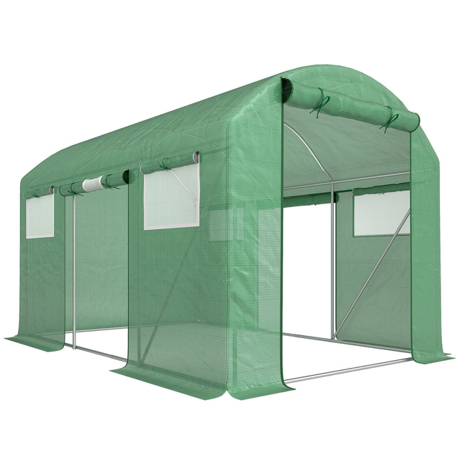 9.8 x 6.6ft Walk-In Polytunnel Greenhouse with Mesh Windows and Roll-Up Doors - Green