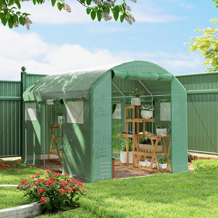 9.8 x 6.6ft Walk-In Polytunnel Greenhouse with Mesh Windows and Roll-Up Doors - Green