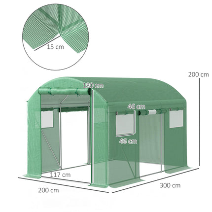 9.8 x 6.6ft Walk-In Polytunnel Greenhouse with Mesh Windows and Roll-Up Doors - Green