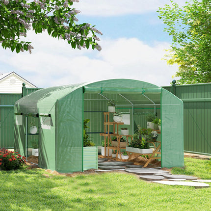 Walk-In 13 x 9.8ft Polytunnel Greenhouse with Mesh Windows - Green