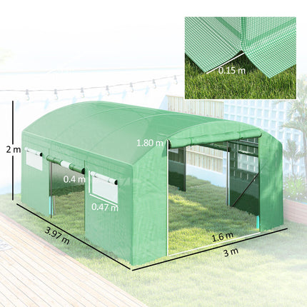 Walk-In 13 x 9.8ft Polytunnel Greenhouse with Mesh Windows - Green