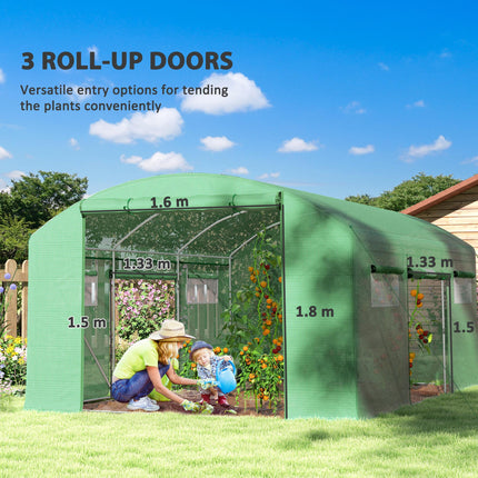 Walk-In 13 x 9.8ft Polytunnel Greenhouse with Mesh Windows - Green