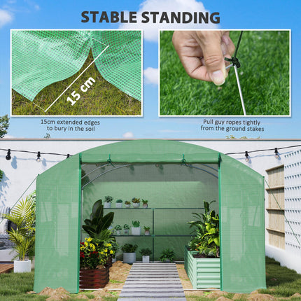 Walk-In 13 x 9.8ft Polytunnel Greenhouse with Mesh Windows - Green
