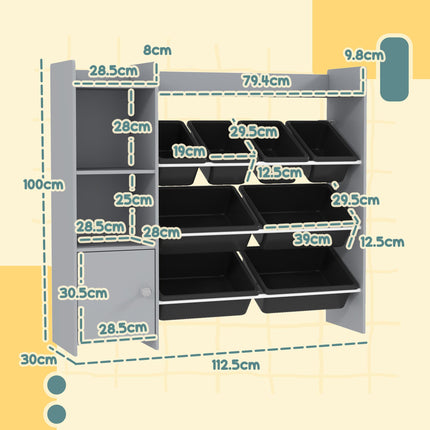 Toy Storage Unit with 8 Removable Bins and Cabinet - Grey
