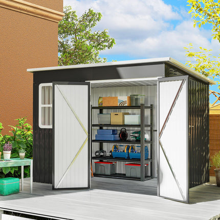 8.5 x 6ft Storage Shed Galvanised Steel Garden Shed, Metal Shed with Foundation Kit, Window, Lockable Wide Doors and Air Vents for Outdoor Patio, Dark Grey