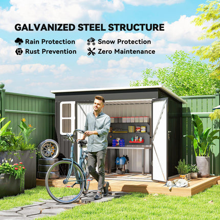 8.5 x 6ft Storage Shed Galvanised Steel Garden Shed, Metal Shed with Foundation Kit, Window, Lockable Wide Doors and Air Vents for Outdoor Patio, Dark Grey