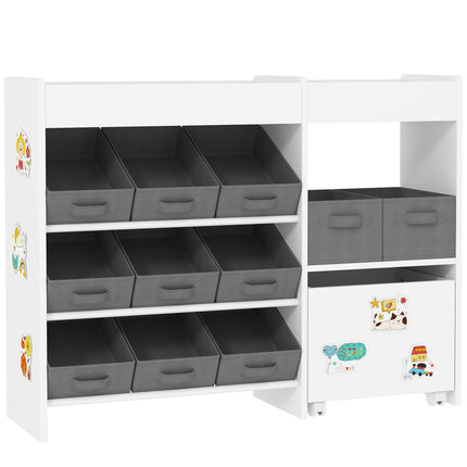 Kids Toy Storage Unit with 11 Fabric Bins and Shelves - White