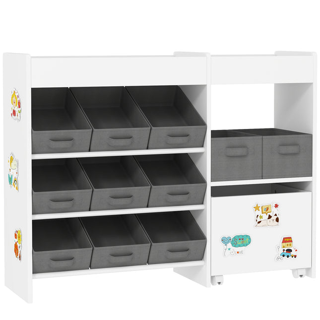 Kids Toy Storage Unit with 11 Fabric Bins and Shelves - White
