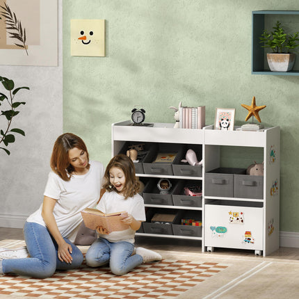 Kids Toy Storage Unit with 11 Fabric Bins and Shelves - White