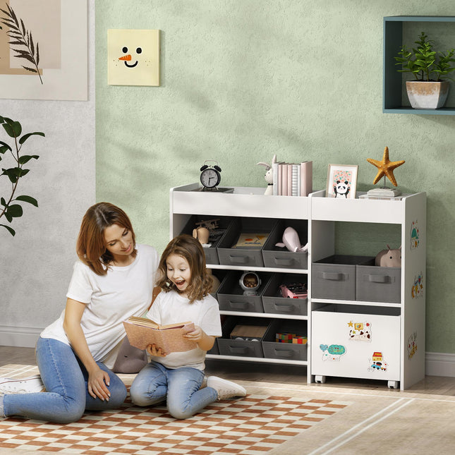 Kids Toy Storage Unit with 11 Fabric Bins and Shelves - White