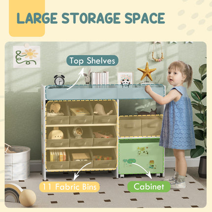 Kids Toy Storage Unit with 11 Fabric Bins and Shelves - White