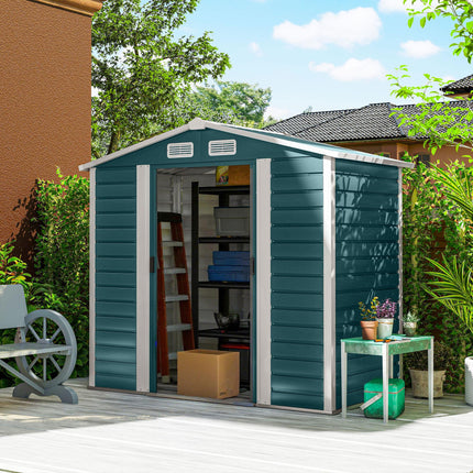7 x 4ft Garden Shed, Easy to Assemble, Upgraded Galvanised Steel Frame with Foundation Kit, Double Doors with Lock, Outdoor Metal Shed with Vents and Gloves, Garden Storage Shed, Green