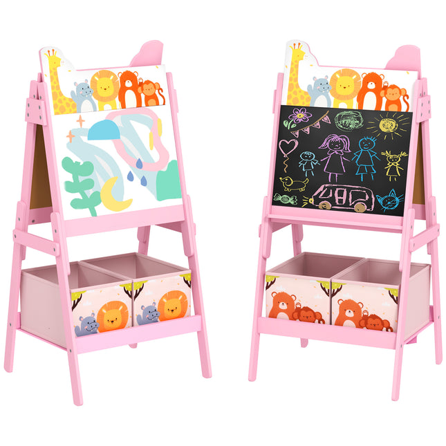 2 in 1 Kids Easel with Whiteboard, Chalkboard & Storage Boxes - Pink