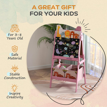 2 in 1 Kids Easel with Whiteboard, Chalkboard & Storage Boxes - Pink