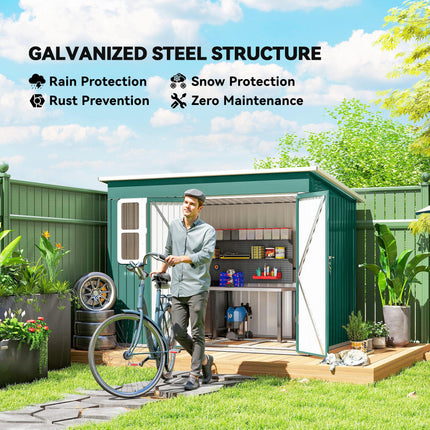 8.5 x 6ft Storage Shed Galvanised Steel Garden Shed, Metal Shed with Foundation Kit, Window, Lockable Wide Doors and Air Vents for Outdoor Patio, Green