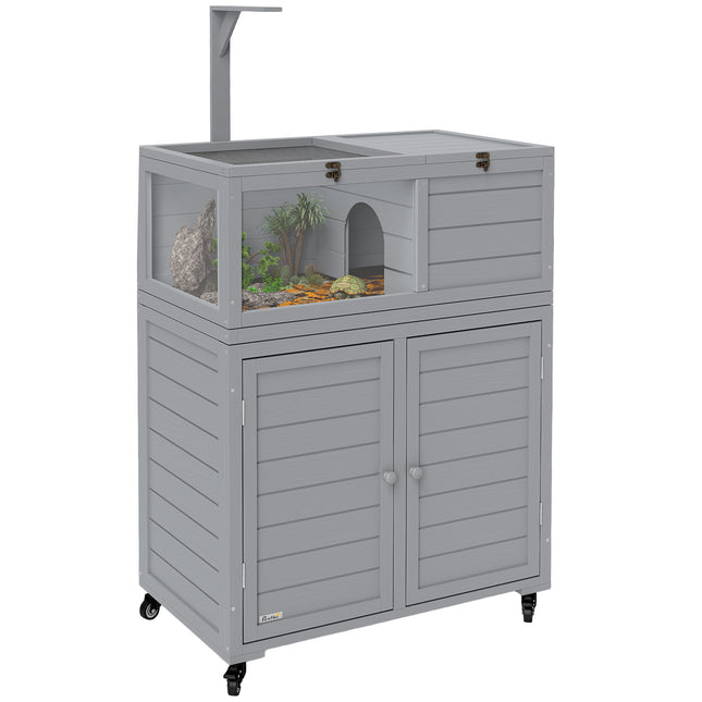Wooden Tortoise House with Storage Cabinet, Openable Top & Observation Windows - Light Grey