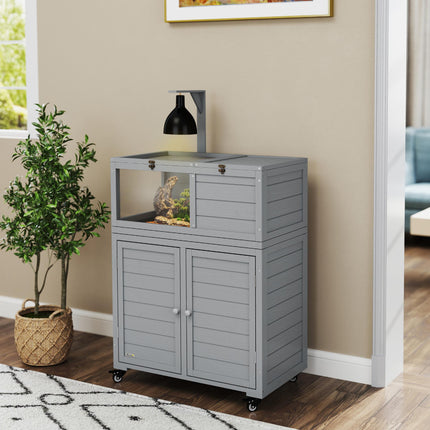 Wooden Tortoise House with Storage Cabinet, Openable Top & Observation Windows - Light Grey