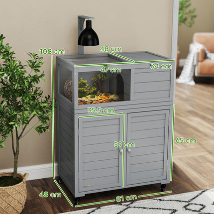 Wooden Tortoise House with Storage Cabinet, Openable Top & Observation Windows - Light Grey