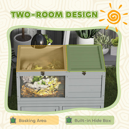Wooden Tortoise House with Storage Cabinet, Openable Top & Observation Windows - Light Grey