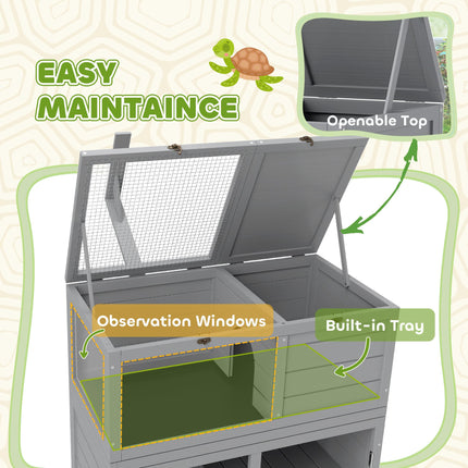 Wooden Tortoise House with Storage Cabinet, Openable Top & Observation Windows - Light Grey