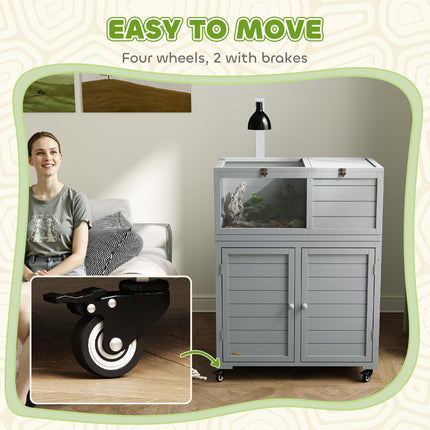 Wooden Tortoise House with Storage Cabinet, Openable Top & Observation Windows - Light Grey