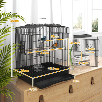 Large Metal Bird Cage with Perches, Food Bowls & Swing for Budgies and Parakeets - Black