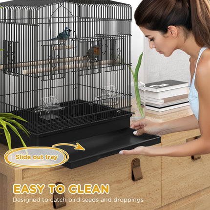 Large Metal Bird Cage with Perches, Food Bowls & Swing for Budgies and Parakeets - Black