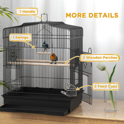 Large Metal Bird Cage with Perches, Food Bowls & Swing for Budgies and Parakeets - Black