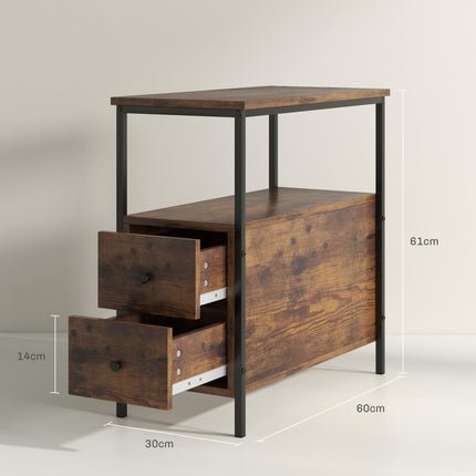 Set of 2 Narrow Side Tables with 2 Drawers and Storage Shelf Industrial Metal Frame - Rustic Brown