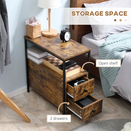 Set of 2 Narrow Side Tables with 2 Drawers and Storage Shelf Industrial Metal Frame - Rustic Brown