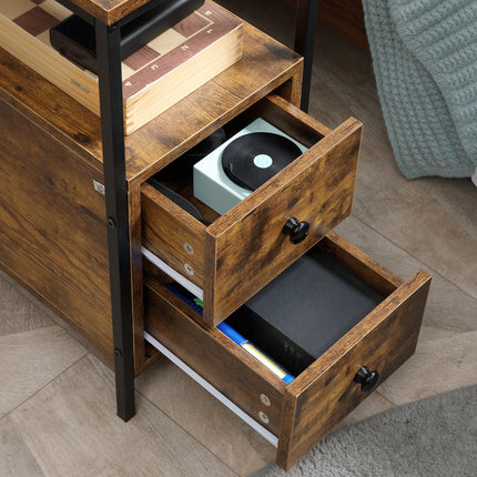 Set of 2 Narrow Side Tables with 2 Drawers and Storage Shelf Industrial Metal Frame - Rustic Brown