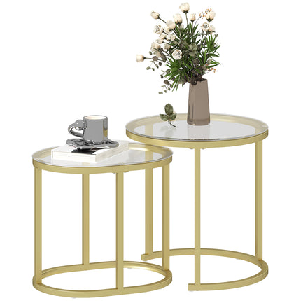 Modern Coffee Table Set of 2 with Steel Frame and Tempered Glass Tabletops - Clear